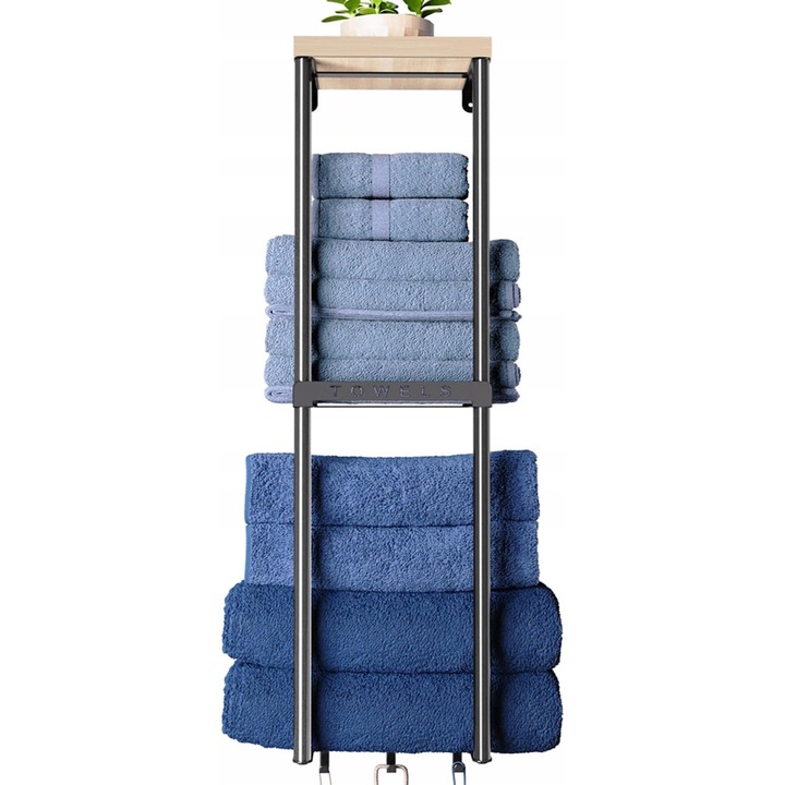 Suport pentru prosoape, 3 niveluri, inox, 83x20x16cm, capacitate 6 prosoape de baie, cu raft din lemn