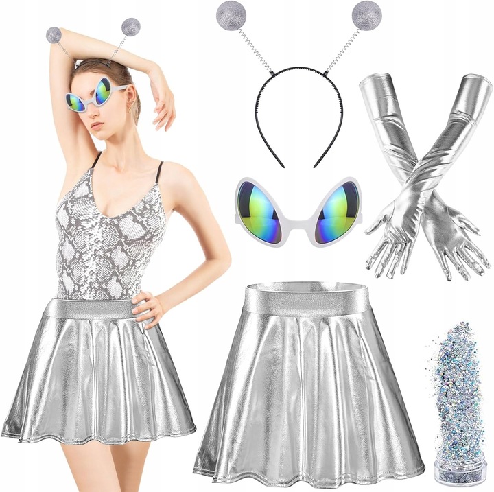 Set accesorii costum de extraterestru, 5 piese, fusta plisata metalica 48cm, opasa cu antene, multicolor