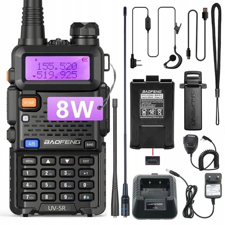 Baofeng UV-5R 8W rádióállomások, 128 csatorna, 1800mAh akkumulátor
