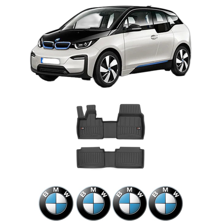 Set covorase presuri BMW Seria i3 (I01) din 2013-2017, auto, din cauciuc thermoplastic, 4 Stickere auto cu BMW Seria