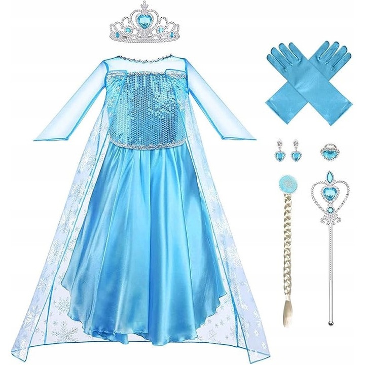 Costum de printesa, Elsa, set cu coroana si bagheta, multicolor, 140 cm