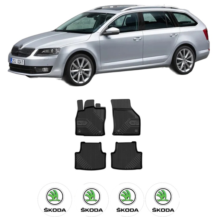 Set covorase presuri SKODA OCTAVIA III Combi (5E5, 5E6) din 2012-2020, auto, din cauciuc thermoplastic, 4 Stickere auto cu SKODA