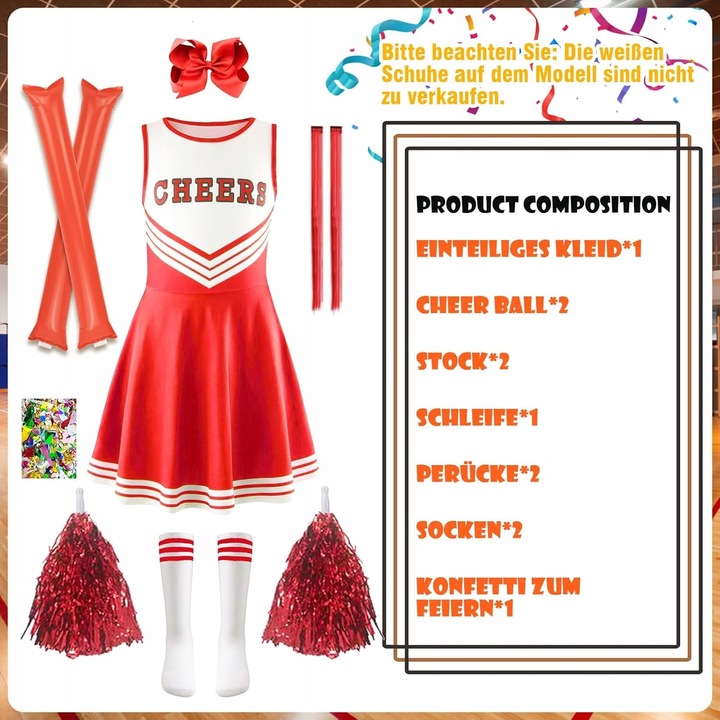 Costum Cheerleader, set cu rochie, pomponi si sosete, multicolor, S-M-L-XL