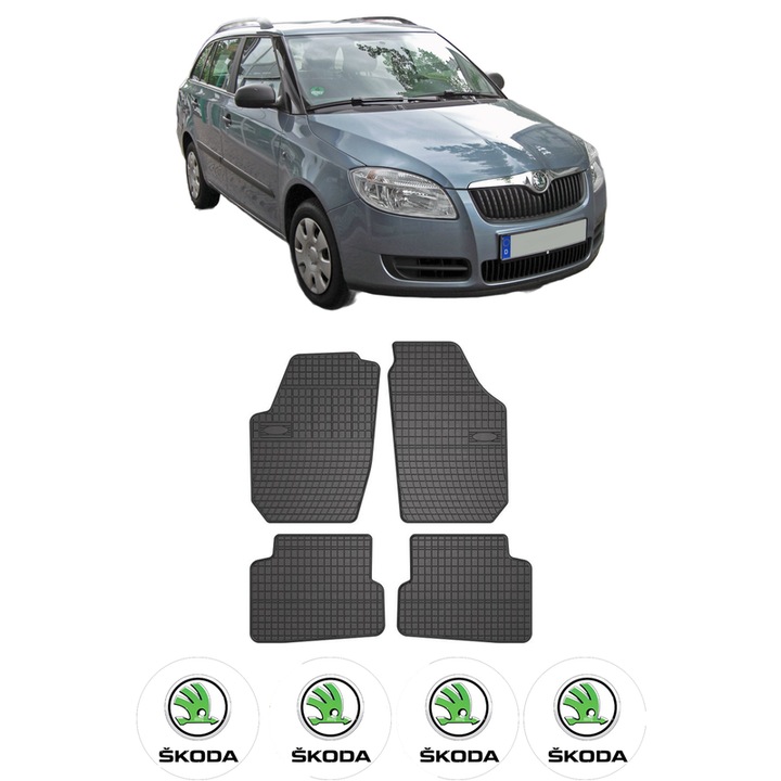 Set covorase auto CRI-FLO, pentru SKODA FABIA II Combi, 2007-2014, din cauciuc termoplastic, 4 stickere auto, negru, 4 buc