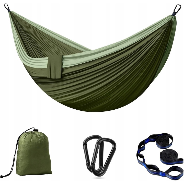 Hamac camping 300x200cm, 2 persoane, 300kg, nylon spadochronowy, set cu carabinite si sac transport.