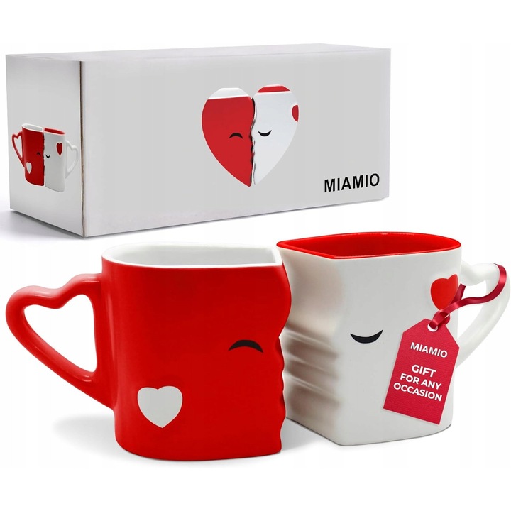 Set de cani din ceramica rosie, 300ml, design elegant, ambalaj special pentru ocazii