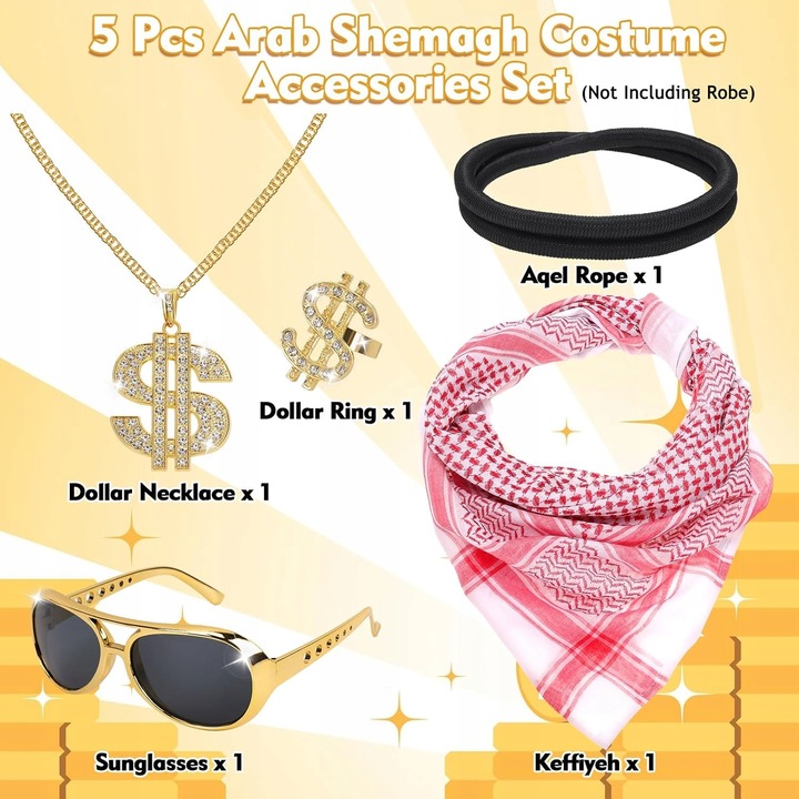 Set accesorii costum szejk arab, keffiyeh, opasa, ochelari aurii, inel si colier cu semn dolar
