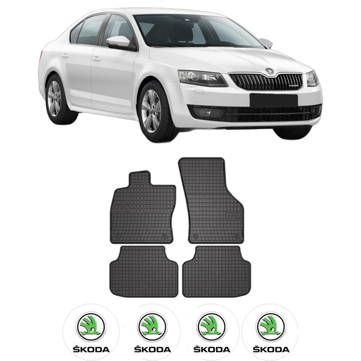 Set covorase presuri SKODA OCTAVIA III (5E3, NL3, NR3) din 2012-2020, auto, din cauciuc thermoplastic, 4 Stickere auto cu SKODA