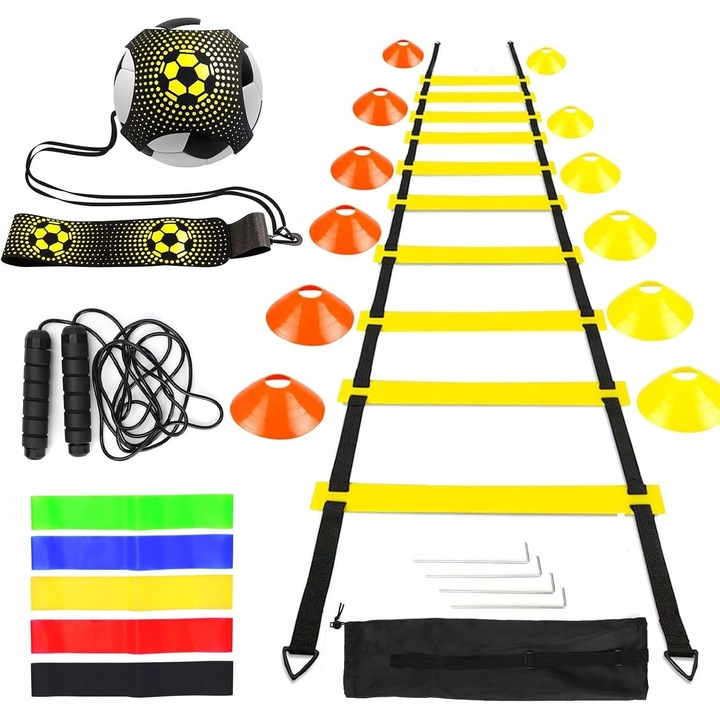 Set antrenament fotbal, drabinka coordonare 6m, 12 capete, skakanka reglabila, 5 benzi de rezistenta, 4 ancore metalice, geanta transport.