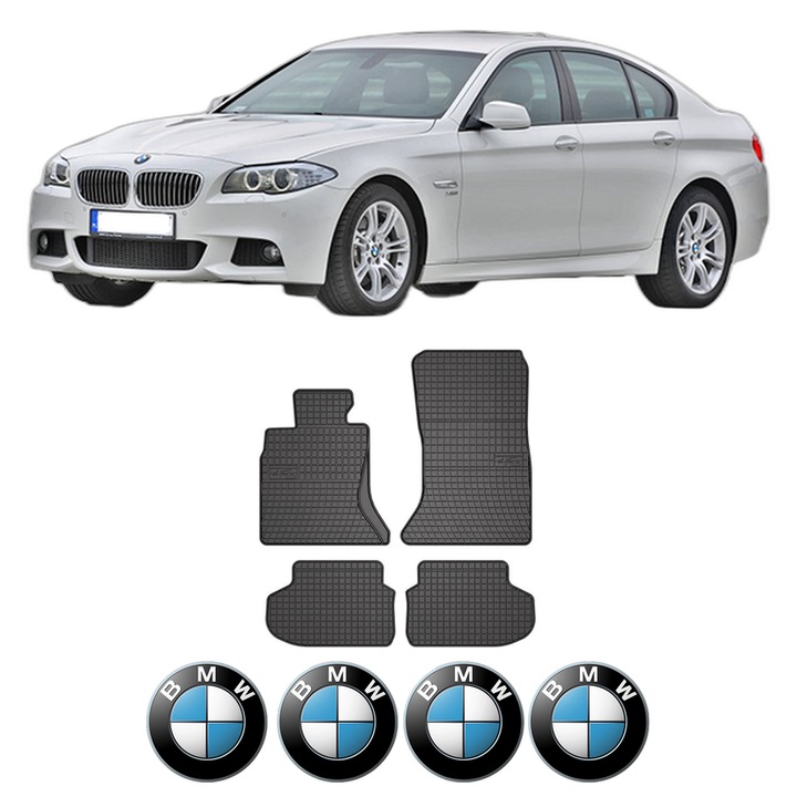 Set covorase presuri BMW Seria 5 (F10) din 2009-2016, auto, din cauciuc thermoplastic, 4 Stickere auto cu BMW Seria