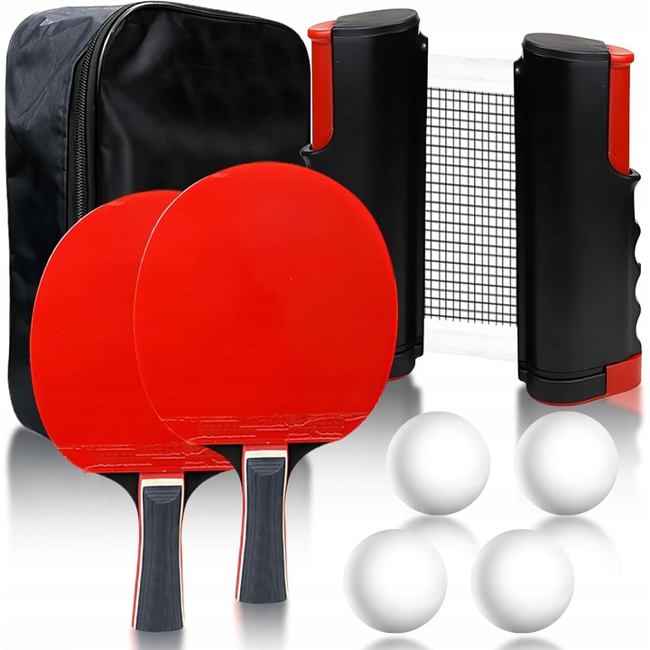 Set pentru tenis de masa, 2 rachete, 4 mingi ABS, 20x16x3 cm, negru/rosu