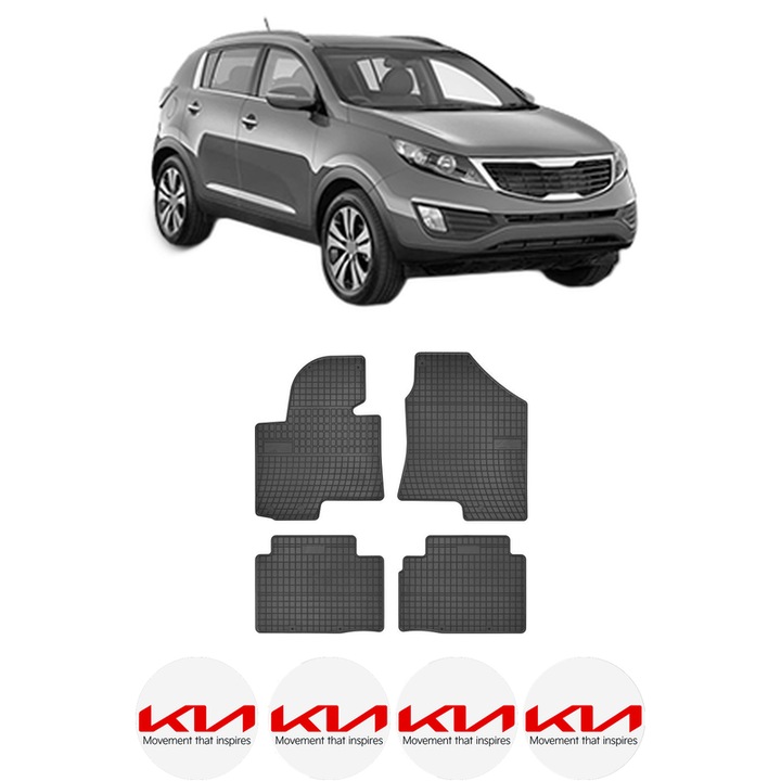 Set covorase presuri KIA SPORTAGE III (SL) din 2010-2016, auto, din cauciuc thermoplastic, 4 Stickere auto cu KIA