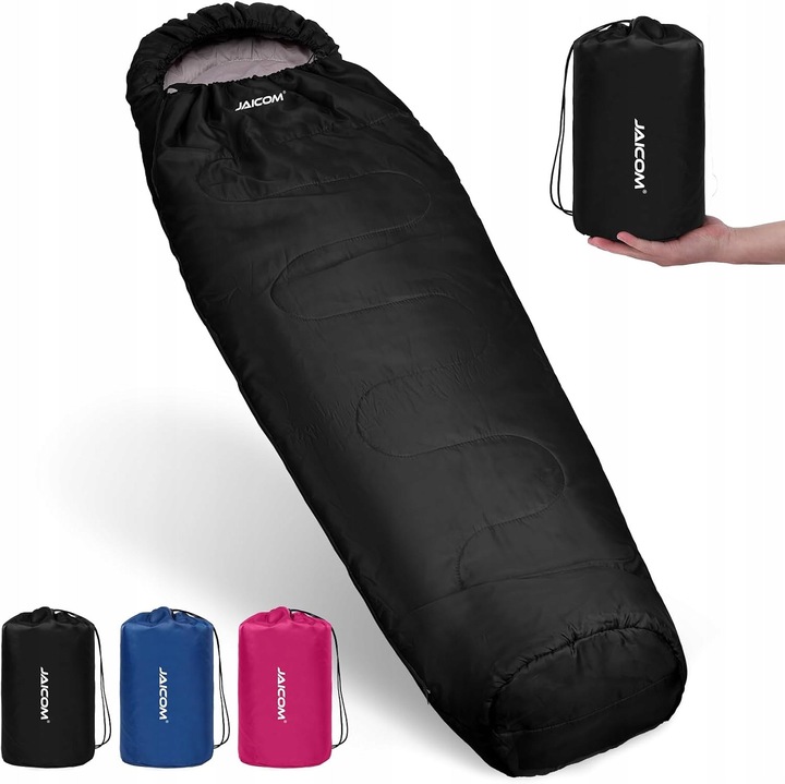 Sac de dormit, Jaicom, 210x75 cm, poliester, negru, ultrausor, set cu sac de depozitare