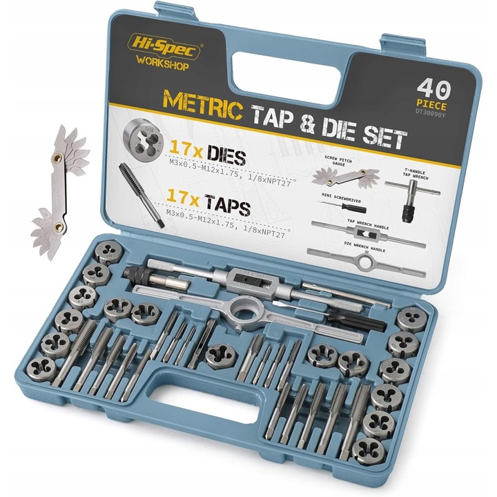 Set de unelte, Hi-Spec, pentru filetat si taiere, 34 piese, otel, dimensiuni M3-M12