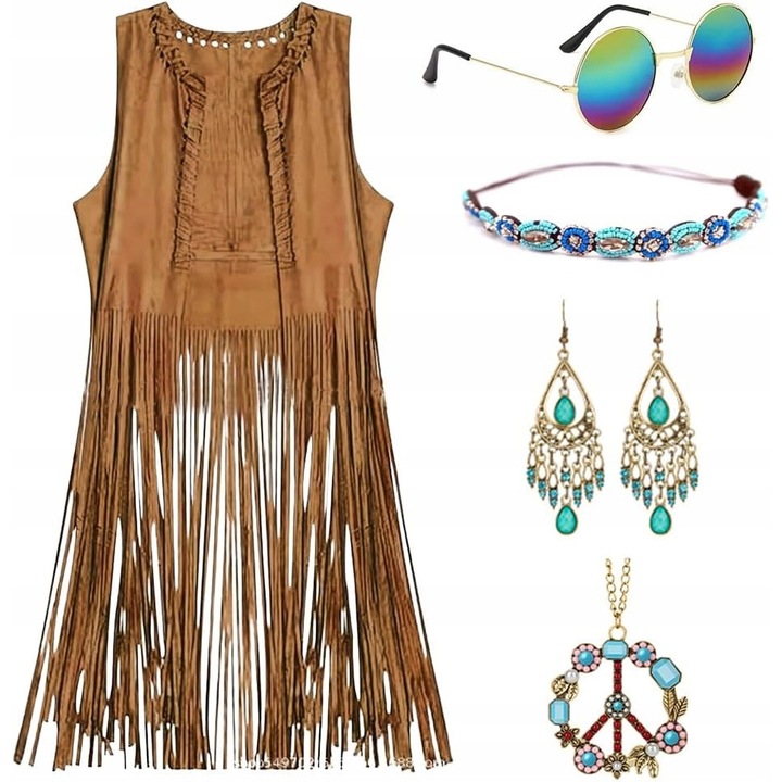 Női hippi jelmez, kiegészítő szettel, vintage stílus, 60/70-es évek, poliészter, többszínű