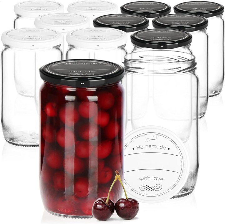 Set 12 borcane, sticla, cu capace, 490 ml, alb/negru, 85x59 mm