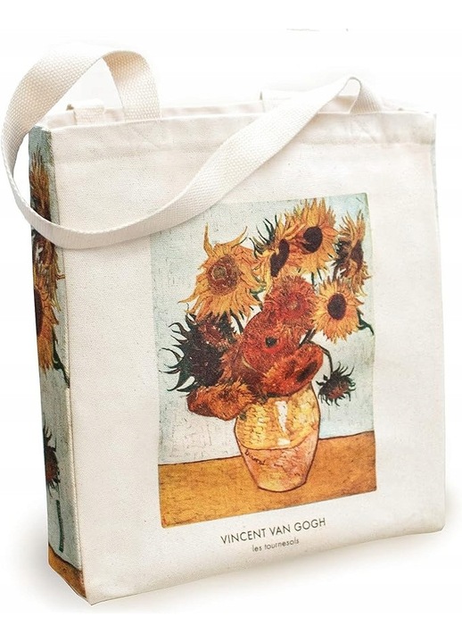 Pamutból készült, művészi tervezésű, bézs színű, 32x35x7 cm-es ökológiai táska, belső cipzáras zsebbel