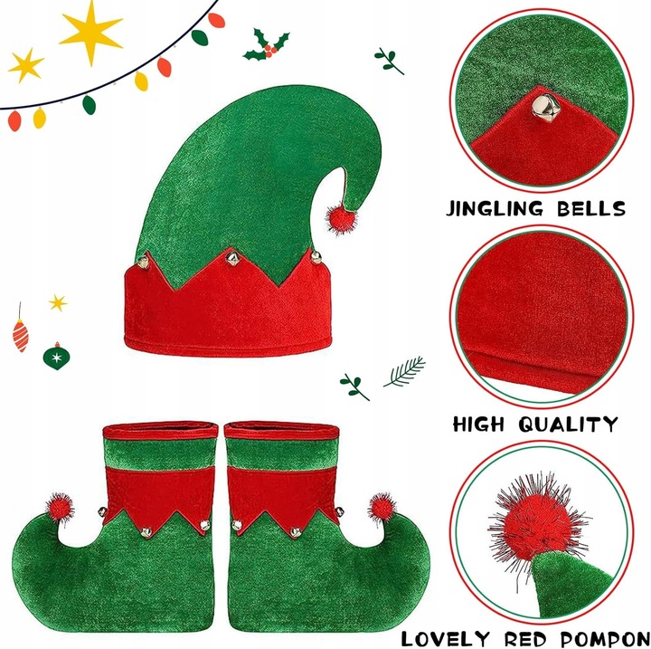 Costum de Craciun Elf, set complet, 110-120cm pentru copii si 160-170cm pentru adulti, multicolor