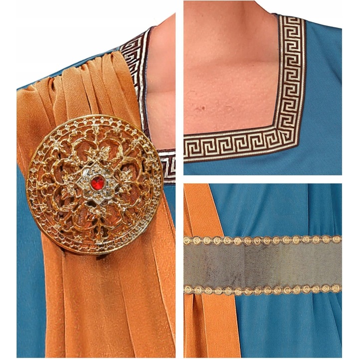 Costum Roman Imperator Gladiator, Set Complet cu Tunica, Sarfa, Centura Aurie si Coroana, Albastru, Marimea L