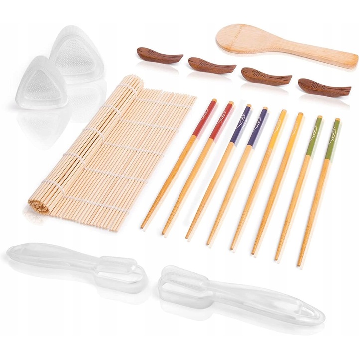 Set ustensile sushi 14 elemente, practica, bambus, pentru uz casnic