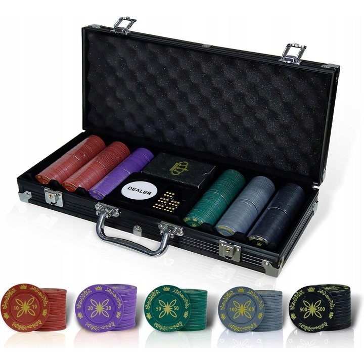 Póker szett 300 zsetonnal, kártyákkal, dobókockákkal, alumínium táskával, 90x57cm