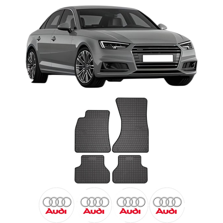 Set covorase presuri AUDI A4 | B9 din 2015-2020, auto, din cauciuc thermoplastic, 4 Stickere auto cu AUDI