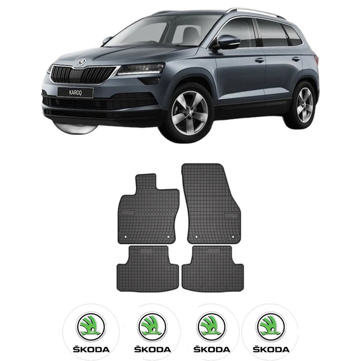 Set covorase presuri SKODA KAROQ (NU7, ND7) din 2017-2020, auto, din cauciuc thermoplastic, 4 Stickere auto cu SKODA