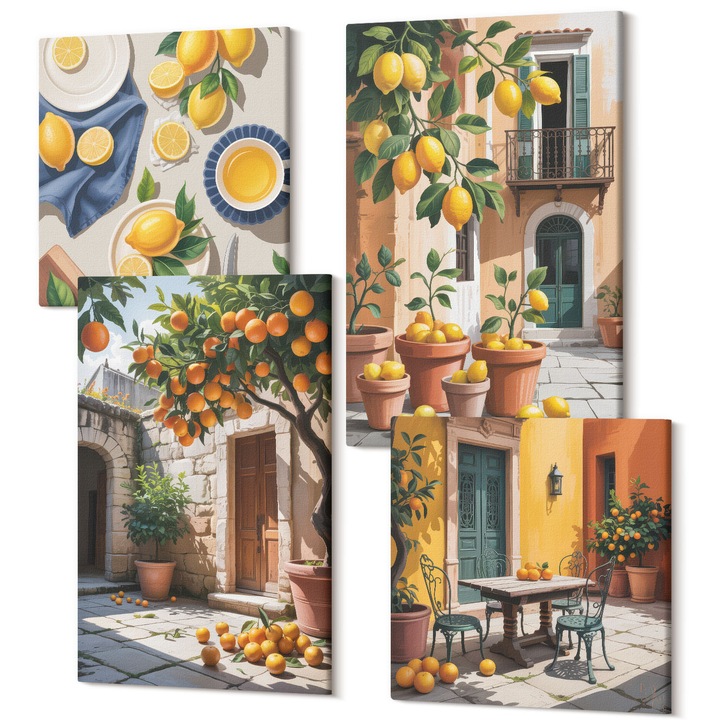 Set tablouri, Wallfluent, Citrice intr-o gradina insorita, 4 piese, 40x40cm + 40x60cm