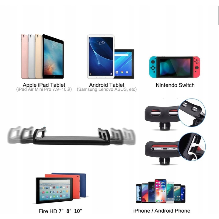 Stojak pentru tableta, aluminiu, 4 prindere, 360°, compatibil 4,5-12,9 inch, negru