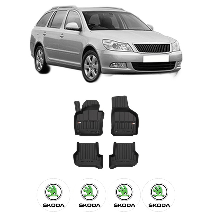 Set covorase presuri SKODA OCTAVIA II Combi (1Z5) din 2004-2013, auto, din cauciuc thermoplastic, 4 Stickere auto cu SKODA