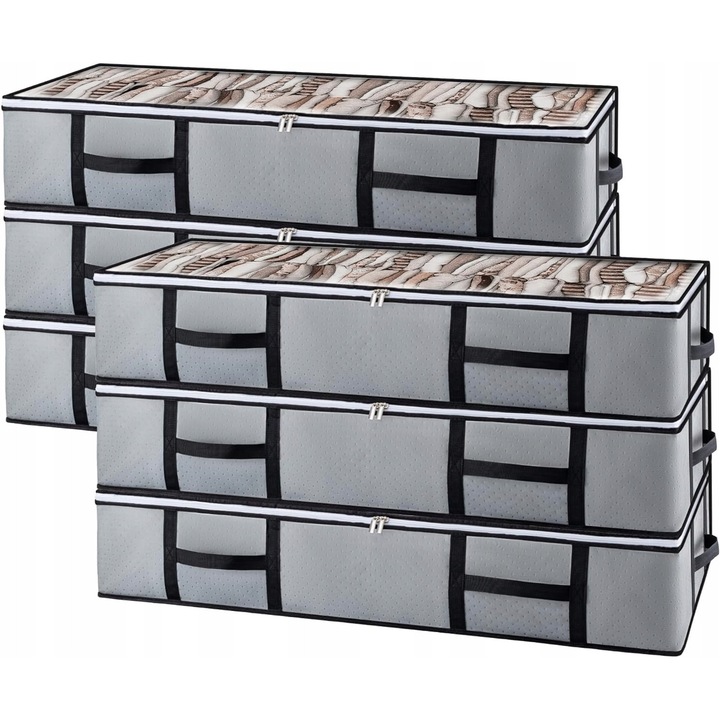 Set 6 pungi de depozitare sub pat, 90 L, 100x46x19 cm, pentru haine si paturi, gri
