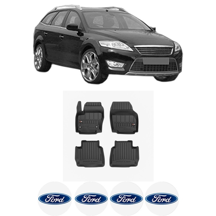 Set covorase presuri FORD MONDEO IV din 2021, auto, din cauciuc thermoplastic, 4 Stickere auto cu FORD