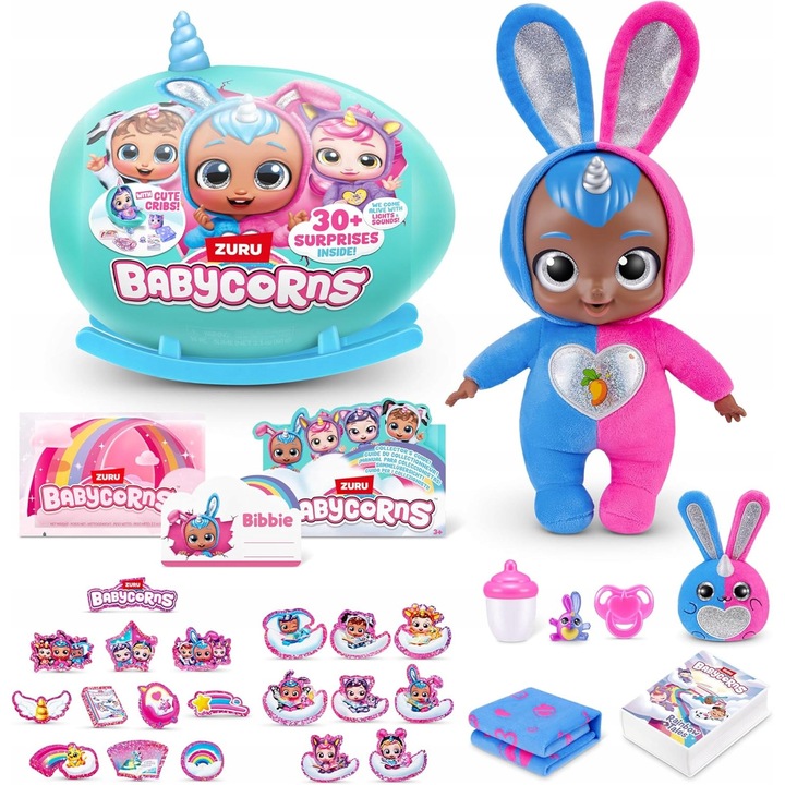 Set de 4 papusi Babycorn, 15 surprize, suzeta, paturica, carte de povesti, multicolor