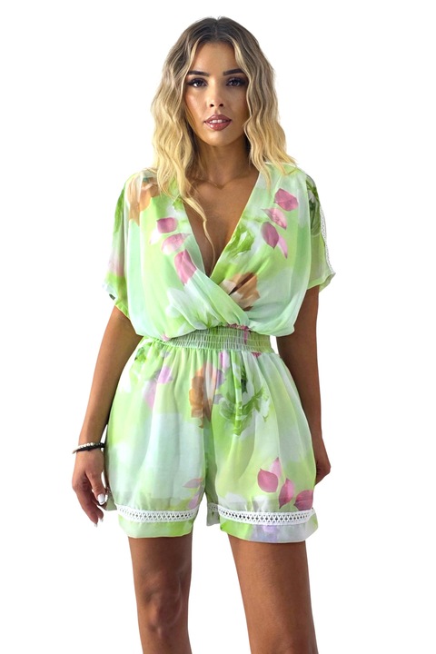 Salopeta scurta Yonela, cu imprimeu floral si detalii brodate, Alb-Verde, Marimea M, FashionForYou