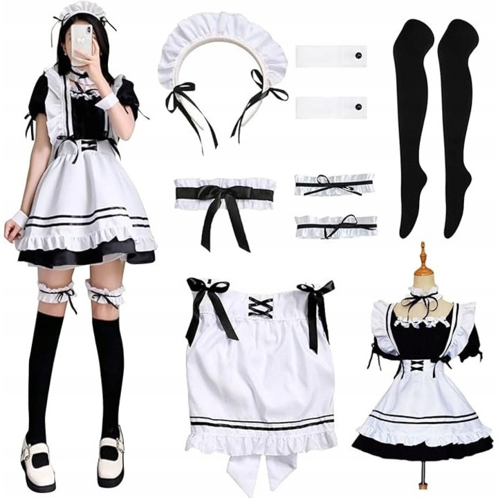 Costum de camerista anime, negru si alb, marimea S, ideal pentru Halloween si cosplay