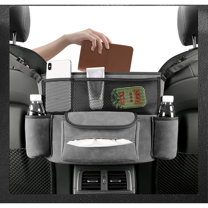 Organizator auto NextWave, 5 compartimente, suede & piele ecologica, gri, 36x25x22cm