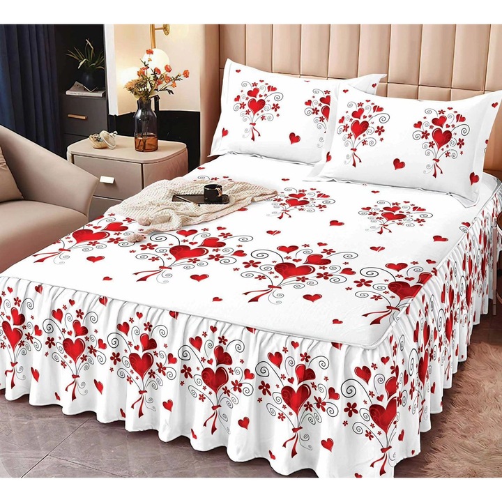 Set Lenjerie de Pat din Bumbac tip Finet, cu Volanase, 3 Piese, pentu Pat Dublu, cu 2 Fete de Perna Incluse