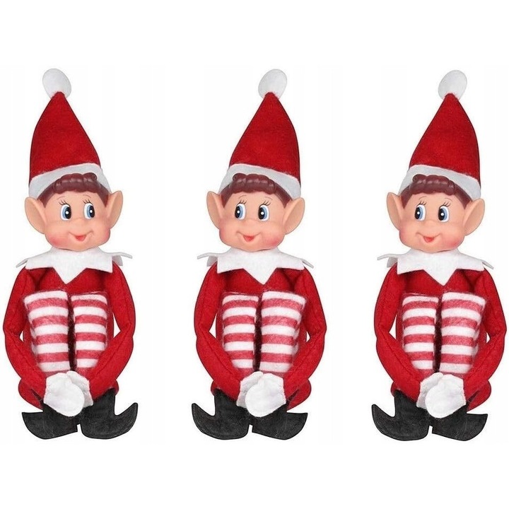Set 3 elfi rosii din plus, decorare de Craciun, 30cm