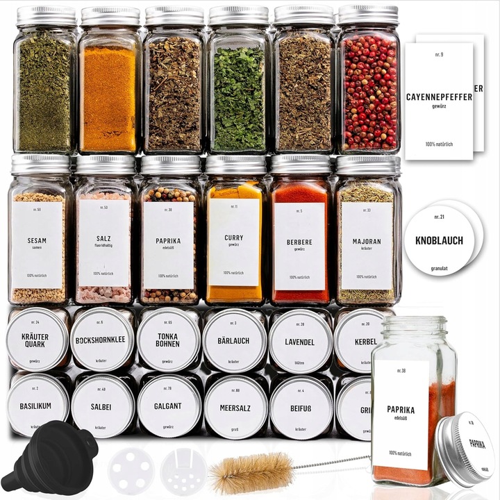 Комплект от 36 буркана за подправки, стъкло, херметически капаци, етикети, 4,3x4,3x10,5 см