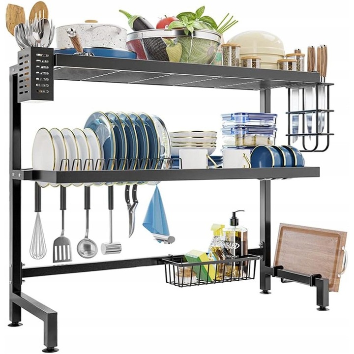 Polca multifunctionala deasupra chiuvetei, 65x78x27cm, metal, neagra, rezistenta la rugina