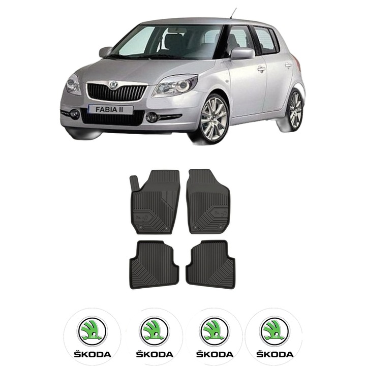 Set covorase presuri SKODA FABIA II (542) din 2006-2014, auto, din cauciuc thermoplastic, 4 Stickere auto cu SKODA