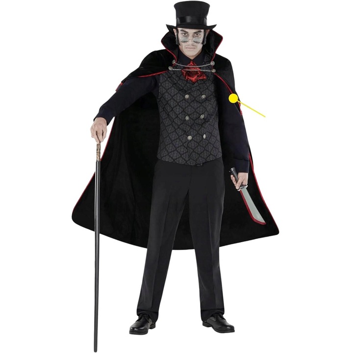 Costum de Halloween barbati, Jack the Ripper, set complet, pelerina catifea, vesta cu imprimeu victorian, L