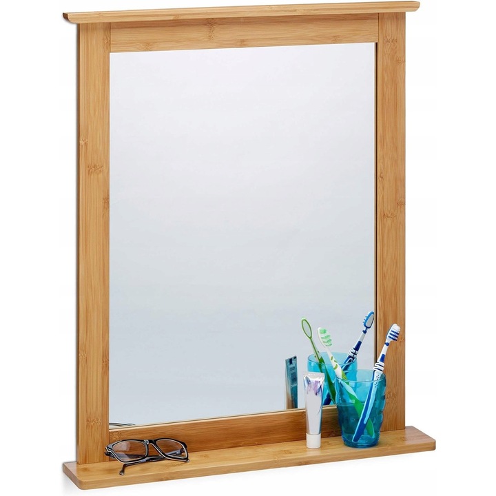Lustru bambus cu polca, 56x43cm, oglinda de baie, design elegant, montaj usor