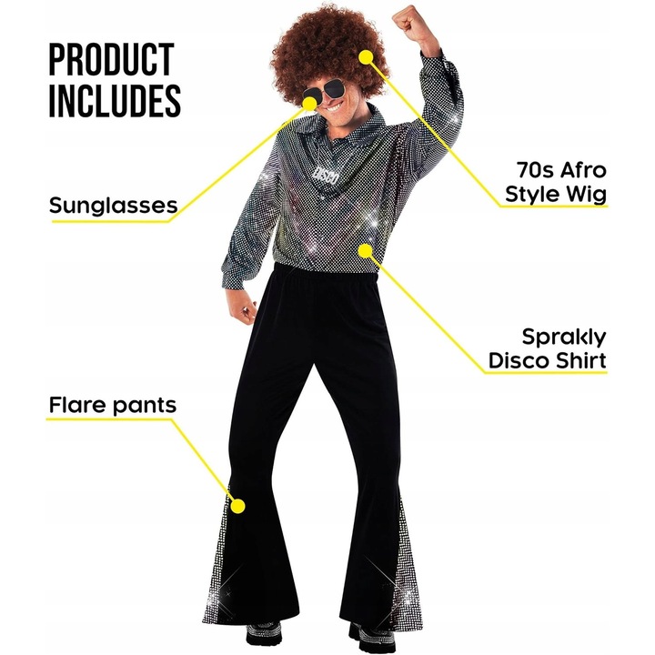 Férfi hippi jelmez, komplett szett inggel, nadrággal, parókával és szemüveggel, 70-es évek stílus, S-XXXL