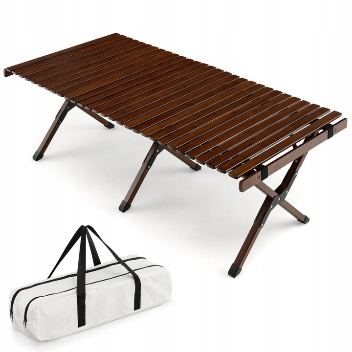 Összecsukható bambusz asztal, 122x60x43,5cm, hordtáskával, 50kg teherbírás, többszínű
