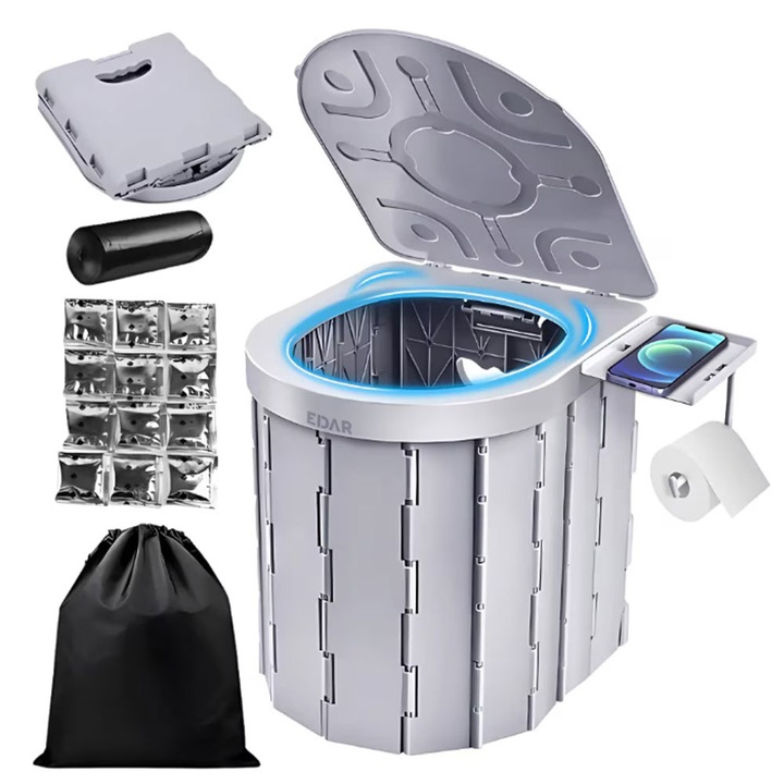 Toaleta Portabila Pliabila EDAR, Ideal Pentru Camping, Rulota, Cabana, ABS + PU, Suport Telefon, Usor De Pliat Si Depozitat, Saci De Gunoi Inclusi, Gri
