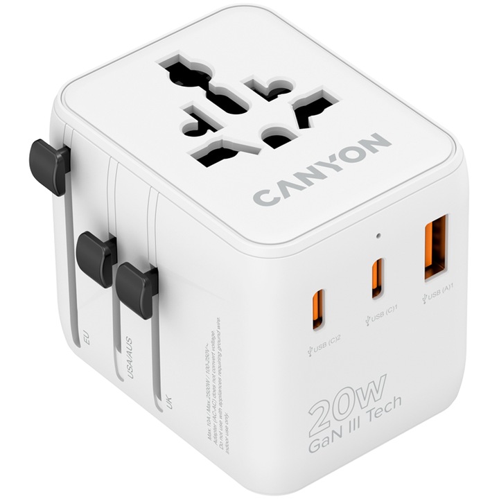Зарядно устройство за пътуване CANYON OnTour 20 CNS-TA20W1005W, 20 W, 1x USB-A, 2x USB Type-C Бяло