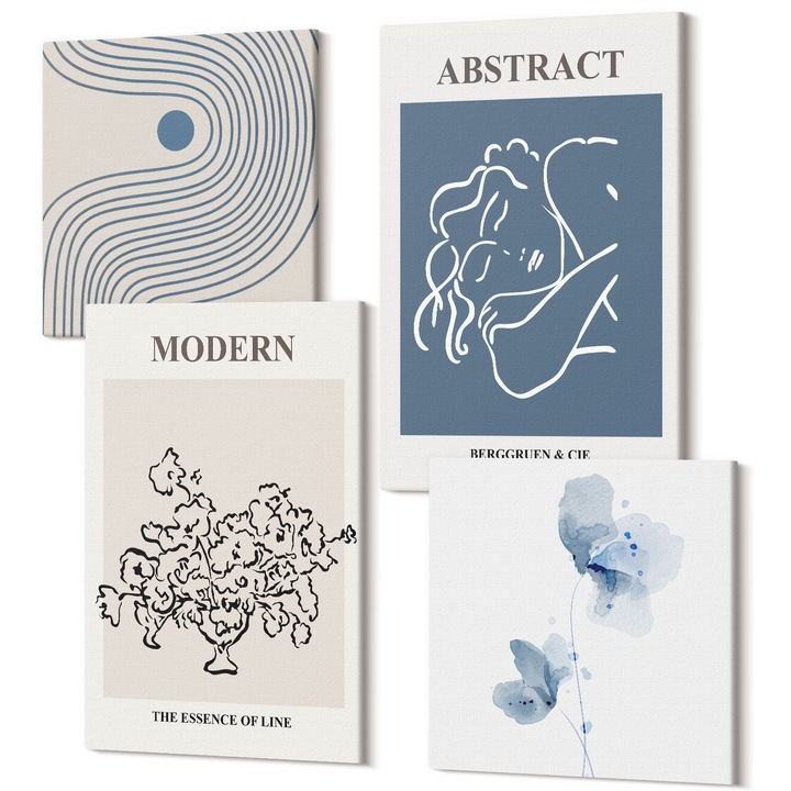 Set tablouri, Wallfluent, abstracte cu linii de flori, 4 piese, multicolor, 40x40cm + 40x60cm