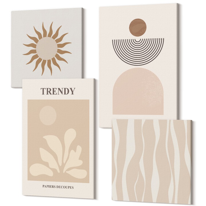 Set tablouri modulare, Wallfluent, Bej abstract, 4 piese, 2x40x40 + 2x40x60 cm