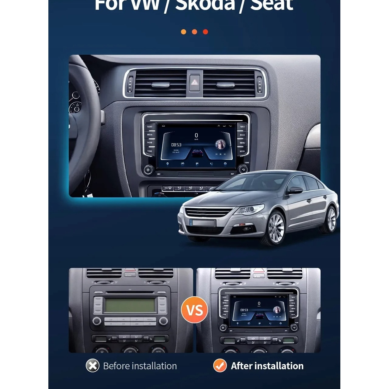 Navigatie VW Golf Polo Passat b7 b6 SEAT leon Skoda, Ecran 7 inch, Android 13, Carplay, 2GB RAM + 32 GB ROM, Aplicatii, Waze, Wi Fi, Usb, Bluetooth [2]